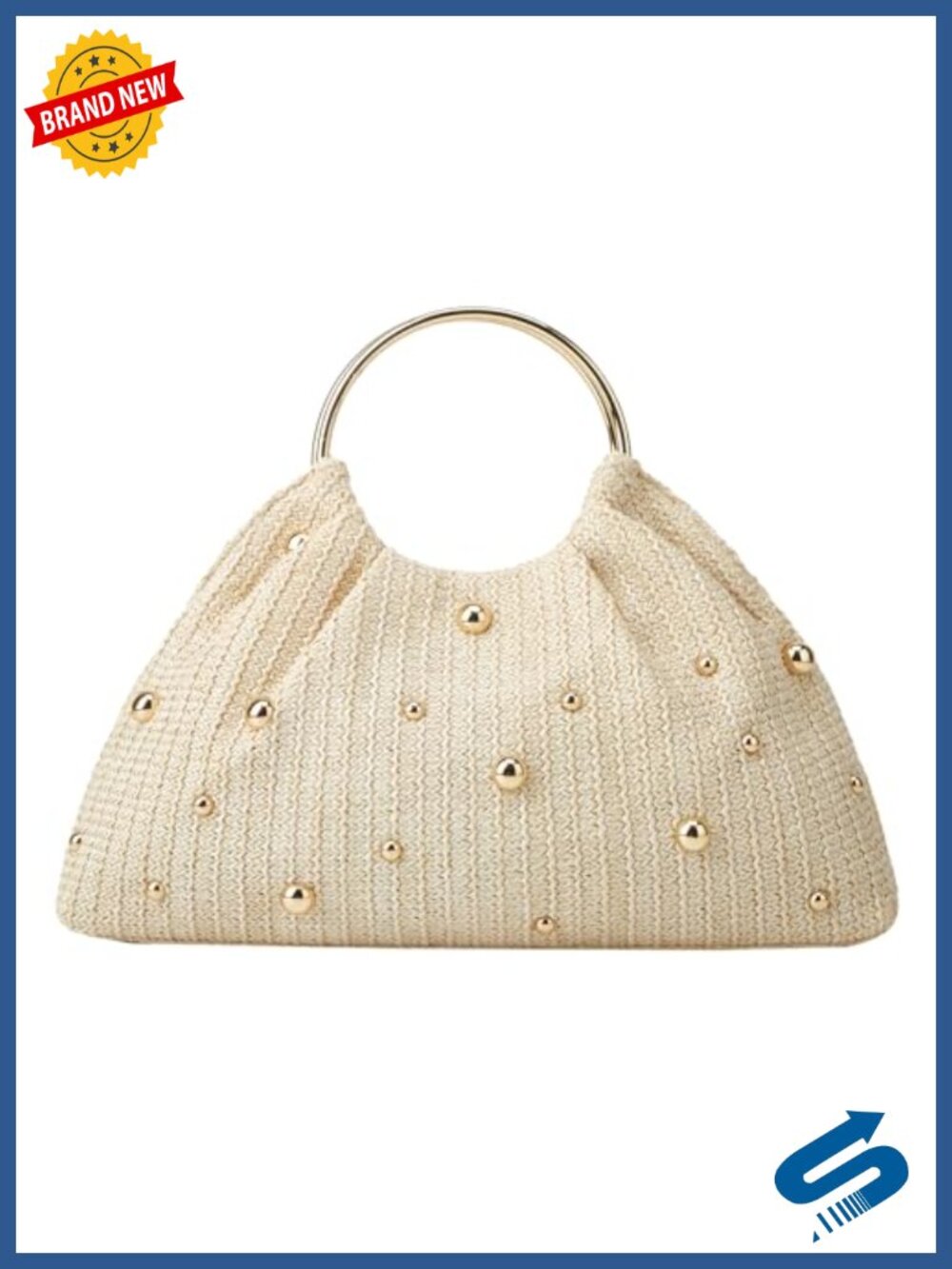 Woven Straw Top Handle Evening Clutch Beaded Handle Wedding Purse